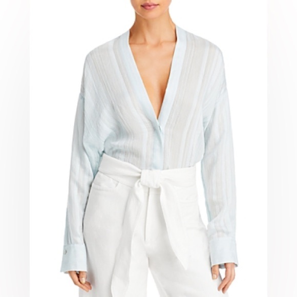 Vince Tonal Stripe V-Neck Blouse Mint drape sheer medium chic boho drape - Picture 4 of 8